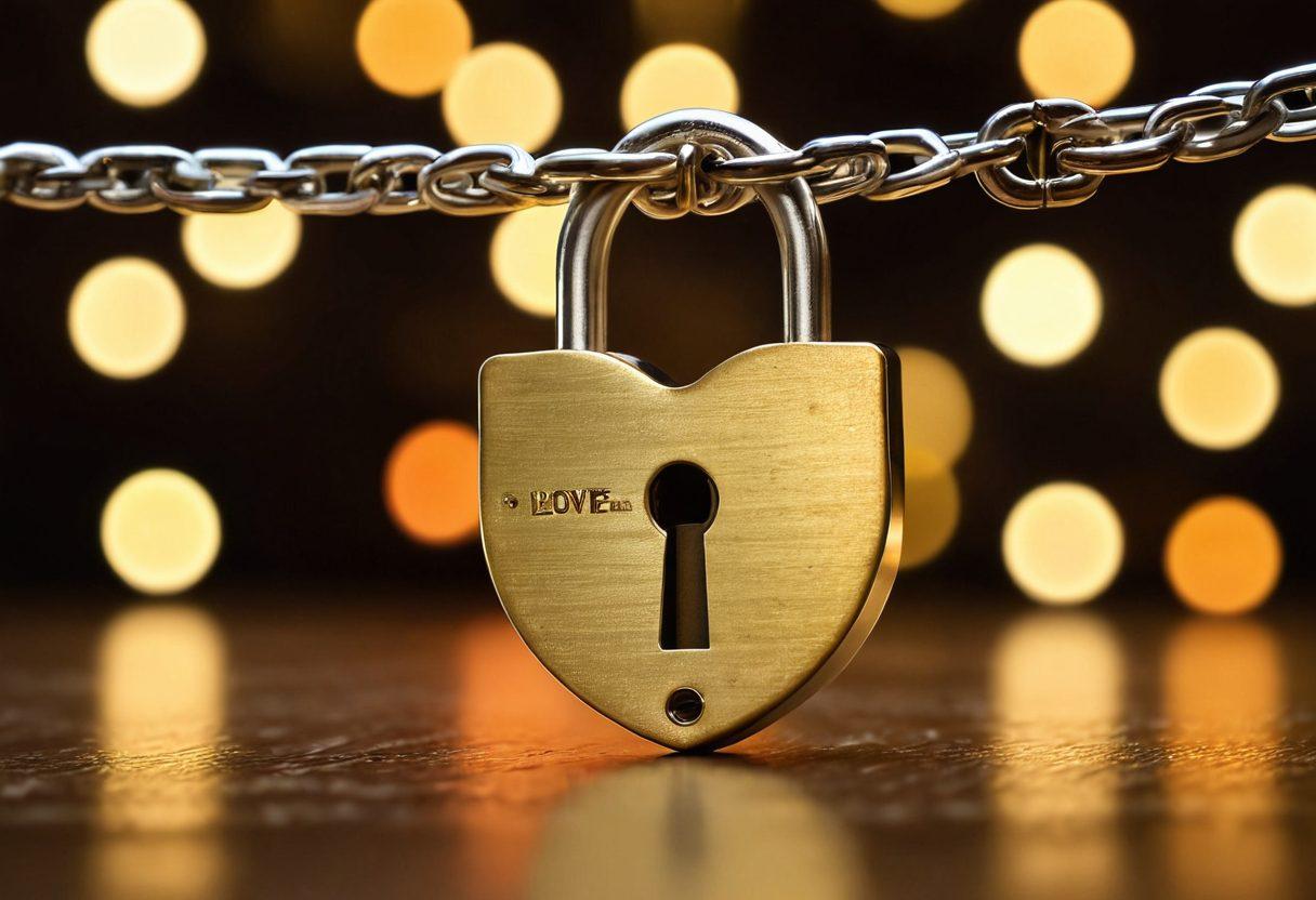 A symbolic key unlocking a heart-shaped padlock, surrounded by soft, glowing lights that represent love and trust. In the background, silhouettes of happy couples enjoying their time together, emphasizing contentment and connection. The overall color scheme should evoke warmth and positivity. super-realistic. vibrant colors. soft focus.
