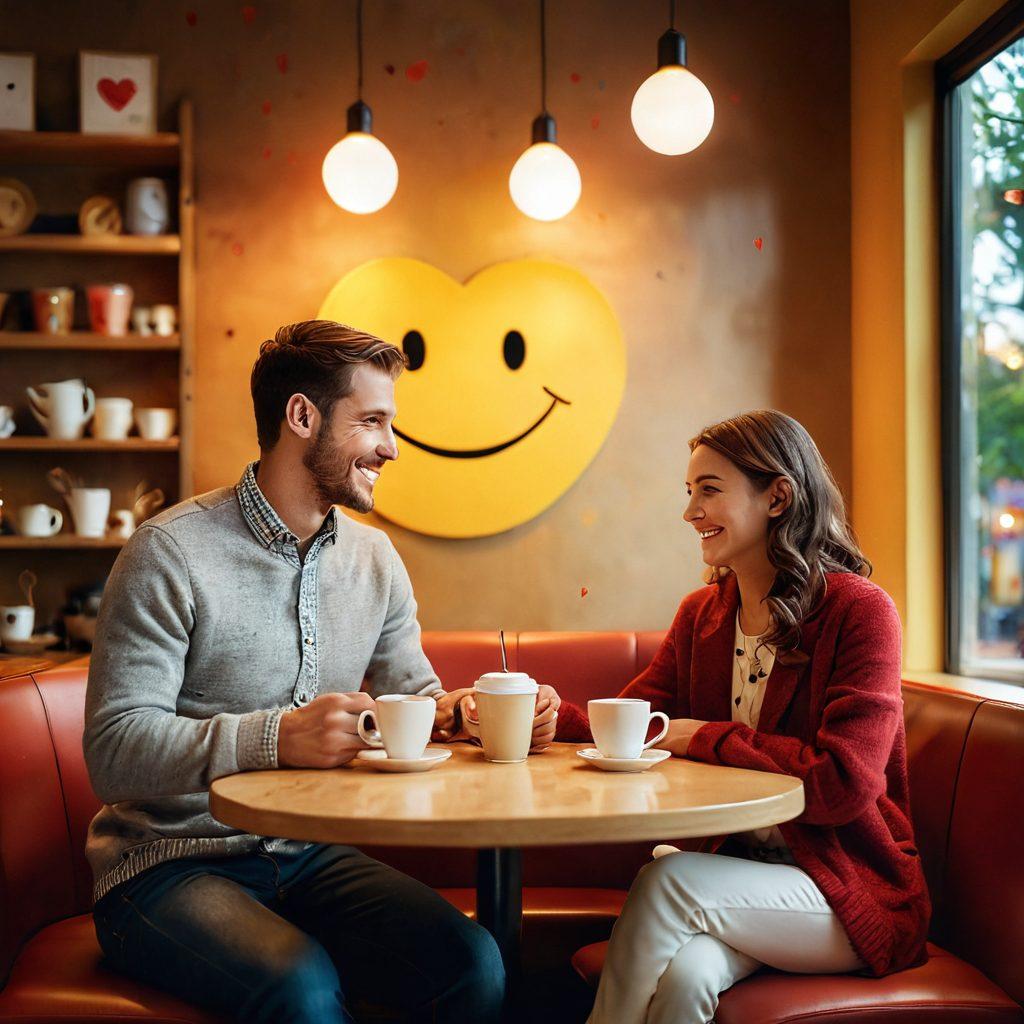 A cozy café setting with a couple engaging in a heartfelt conversation over coffee, surrounded by soft lighting and warm decor. Visual symbols of joy, like hearts and smiley faces, subtly integrated into the background. The characters should convey happiness and connection, showcasing genuine laughter and interest. Emphasize vibrant colors and an inviting atmosphere. super-realistic. warm tones. soft focus.
