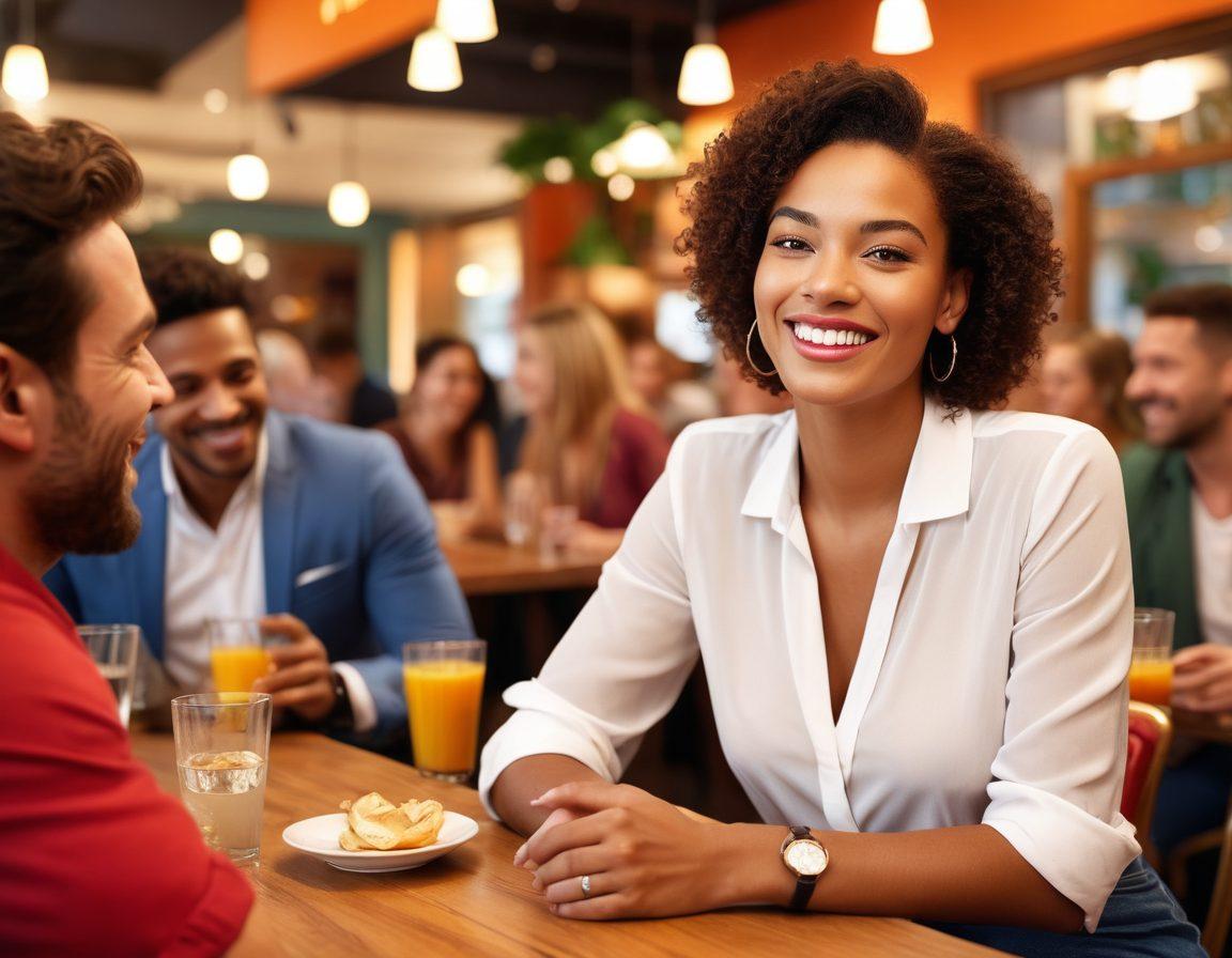 A confident woman engaging in a lively conversation with a group of diverse, attractive straight men in a vibrant café setting, showcasing a dynamic atmosphere filled with laughter and connection. The focus should be on the woman's radiant smile and the intrigued expressions of the men, with warm lighting and stylish decor enhancing the scene. Include elements of body language that demonstrate confidence and charisma. super-realistic. vibrant colors. lifestyle.